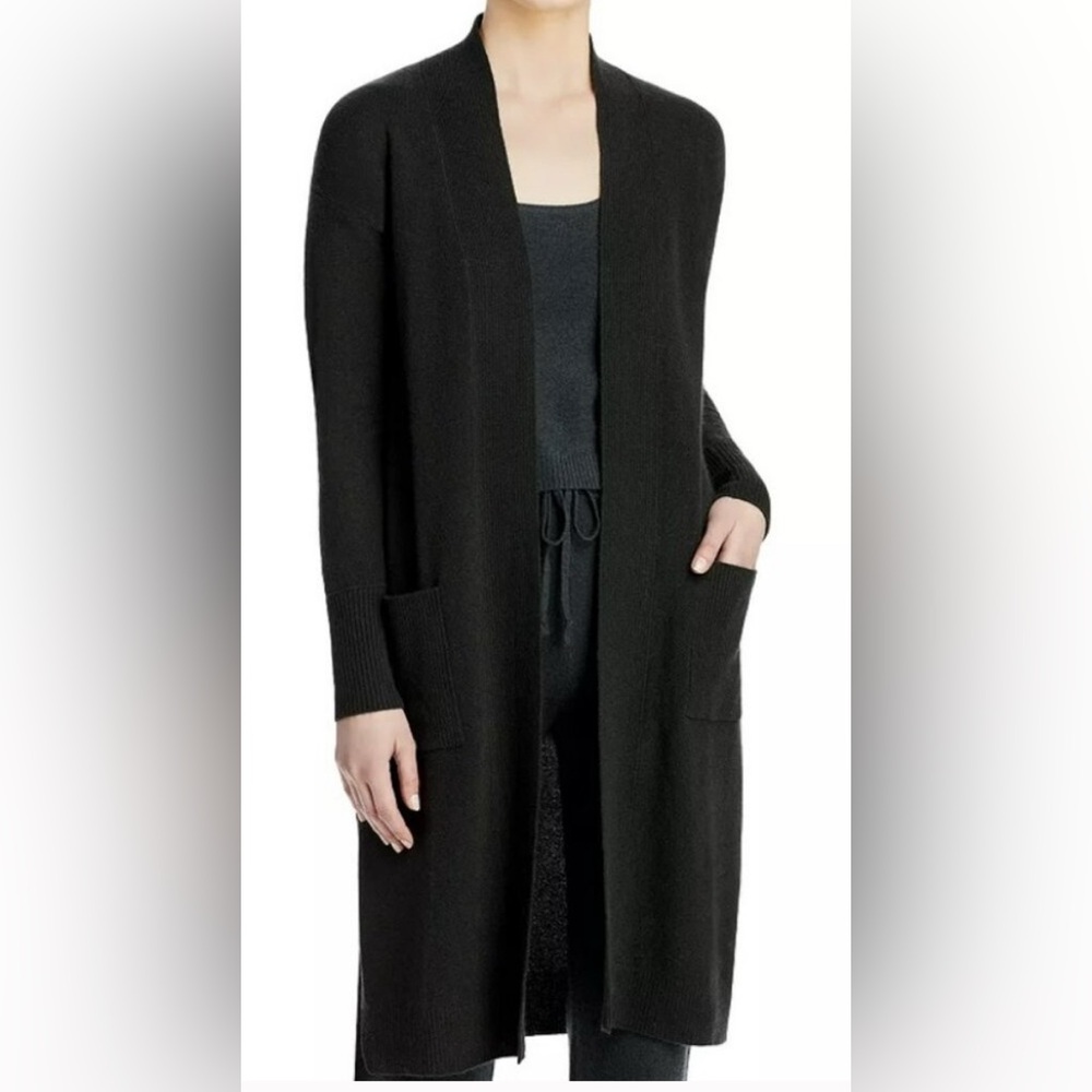 Bloomingdale’s Aqua Cashmere Black Open Front Long Cardigan, size Small
